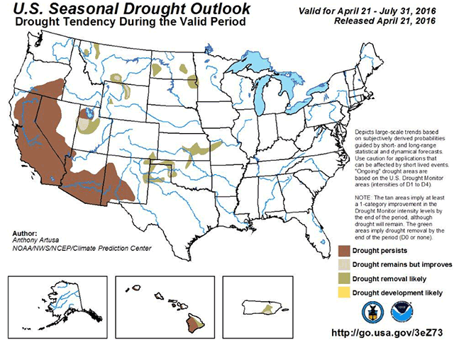 The NOAA seasonal drought forecast through June has nothing in the way of dryness indicated east of the Rockies. (NOAA Graphic)